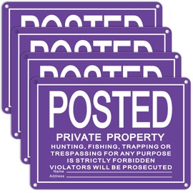 Tandefio 4 Pcs No Trespassing Signs Private Property Reflective Aluminum Posted Signs Metal for Warning No Hunting Fishing Trapping Indoor Outdoor Use(Purple,10x14'')