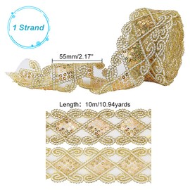 PandaHall Elite 9.5 m Lace Ribbon Sequins Lace Mesh Trim Sewing Craft Supplies for Clothing Dress Decorations Wedding DIY Bridal Bouquet Embellishments, Gold Rod Trim