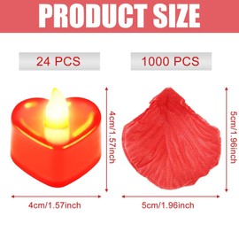 GOMETY 24 PCS Herz Form LED Teelichter, 1000 Stück Künstliche Gefälschte Rosenblätter und 24 Herzförmige Flammenlose LED Teelicht für Hochzeiten Valentinstag, Heiratsantrag Deko