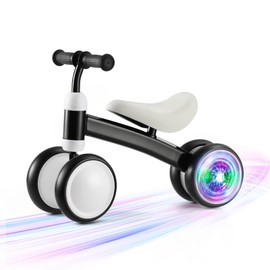 Colorful Lighting Baby Balance Bike, 1st Birthday Girl Gifts with 4 Silent Wheels & Soft Seat, Balance Bike 1 Year Old No Pedal, 12-24 Months Toddler Ride-on Toys, Baby Walker for Girls Boys, Black