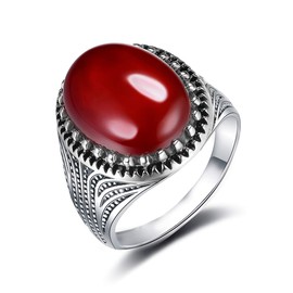 JIANGXIN Wedding Rings Partner Rings Women's Ring Men's Ring Silver Ring Men's Ring Gentleman Red Oval Agate Wedding Engagement Wedding Fashion Best Gift for Women Men, Metal, Agate