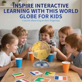 360° rotating globe, independently supported by a beautiful silver plastic base with a switch, 9-inch design, built-in LED night light, color high-definition visual map details, children's geography education, study and office decoration, living room dec