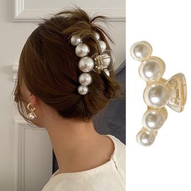 Large Pearl Hair Claw Clips For Women, 1Pcs Strong Hold Hair Jaw Clips Nonslip Champagne Pearl Banana Claw Clips for Hair Styling Daily Hair Clips Accessories for Women Thick/Thin Hair