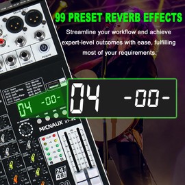 MICNAUX Audio Mixer 4 Channel Professional Sound Mixer Console with 99 DSP Effects, Small Mixing Board DJ Mixer w/USB, Bluetooth, 48V Power Supply, PAD Button for Recording Karaoke PA Drum Live Music