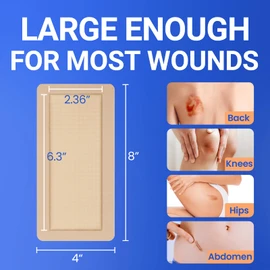 Large Waterproof Bandages 4x8 Silicone Foam Dressing for Sensitive Skin Wound Care, Adhesive Cohesive Pad with Border for First Aid, Post Surgical and Burn, Pressure, Scar Healing (5 PCS)