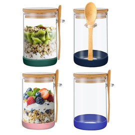 PENGSHU Glass Jar with Lid and Spoon - Overnight Oats Mason Jar, Airtight Food Storage Container, Kitchen and Shop Canister, Wide Mouth Meal Prep Canning, with Free Protective Sleeve (4pc)