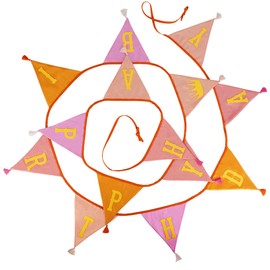 G2PLUS Happy Birthday Fabric Banner, 4.2M Double Sided Triangle Tassel Bunting with 14PCS Floral Pennants for Brithday Party Bedroom Decorations-Pink and Orange