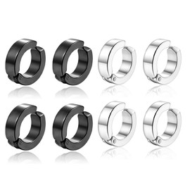 4 Pairs of Piercing Clip Earrings, Stainless Steel Earrings for Men, Non-Piercing Earrings Set, Black, Silver Tone, Hoop Earrings Stainless Steel without Hole, Fake Ear Clips, Folding Hoop Earrings