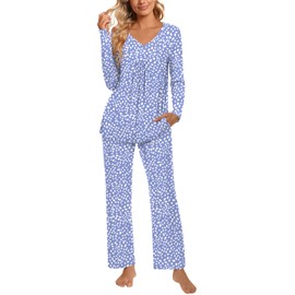 POPYOUNG 2 Piece Women's Fall/Winter Pajama Sets V Neck Long Sleeve Lounge Sleepwear Pjs Sets with Pockets 2X-Large, Spot Blue