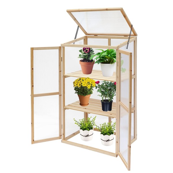 Garden Portable Wooden Cold Frame Greenhouse, Raised Flower Planter with Hard Translucent PC Protection (27" L x 19" W x 47" H)