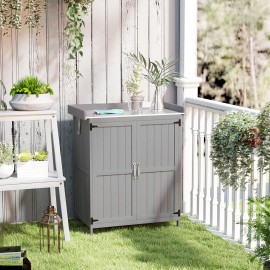 Gray Wooden Potting Bench with 2 Doors Outdoor Storage Cabinet and Garden Tool Shed Featuring Metal Tabletop and ShelfColor: Gray Color