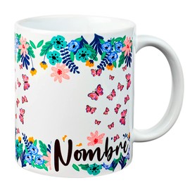 Taza para café Mariposas Personalizada con tu nombre, Taza para té Mariposas y Flores Personalizada con tu nombre 325ml (11oz)