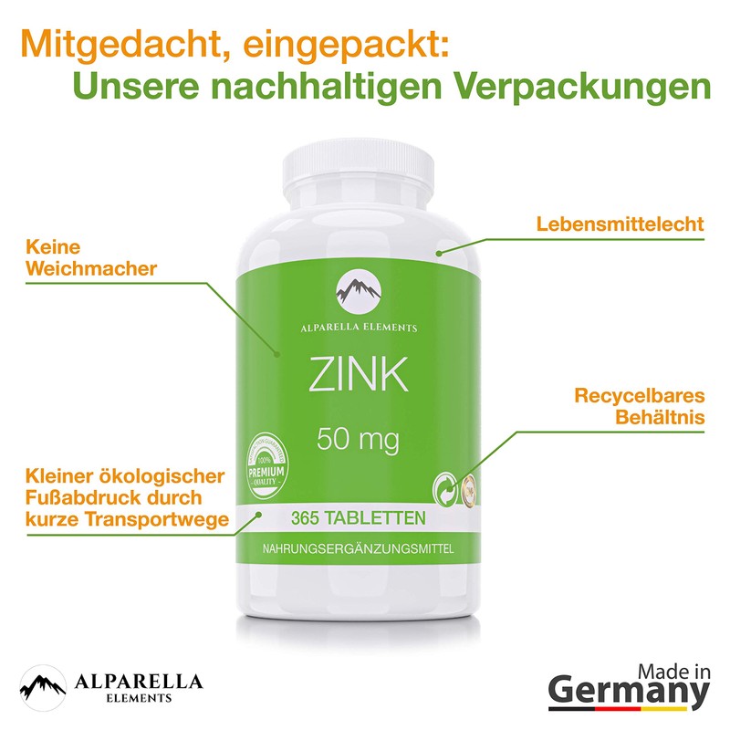 ALP Arella Elements – Zinc 50mg | Family Pack 365 Vegan Tablets Hochdosiert/Made