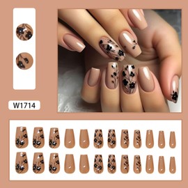 24Pcs Fall Square Press on Nails Light Brown Medium Fake Nails with Dried Flowers Patterns Design Autumn Glue on Nails Full Cover Fall Winter Artificial Nails for Women Acrylic Manicure Salon