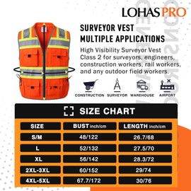 LOHASPRO Surveyor Safety Vest High Visibility Vest Heavy Duty Class 2 Safety Vests with Pockets and Zipper, Sv66pro-orange, X-Large