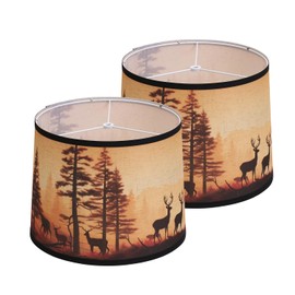 Rustic Deer Printed Large Drum Lamp Shades Set of 2. Easy Assembly.11.4"x13"x10" Barrel Brown Lamp Shade For Cabin Lodge Decoration.Replacement Lamp Shades For Table Lamps(Spider Model)