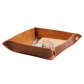 boshiho Valet Tray for Men, Leather Jewelry Catchall Key Phone Coin Box Change Caddy Bedside Storage Box (Crazy Horse Leather - Light Brown)