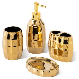 Bathroom Accessories Set, Golden Mosaic Ceramic Bathroom Accessory Sets Include Lotion Dispenser, Toothbrush Holder Tumbler, and Soap Dish