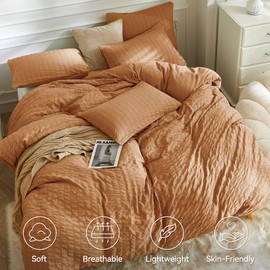 JELLYMONI Burnt Orange Duvet Cover Full Size, 3pcs Washed Microfiber Bedding Set, Soft Breathable Seersucker Duvet Cover Set with Zipper Closure and Corner Ties for All Seasons