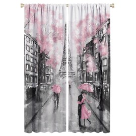 Paris Eiffel Tower Curtain Oil Painting European France City Landscape Modern Couple Black Pink Tree Home Decor Waterproof Fabric Bedroom Bathroom Living Room 2 Panels 42×63 Inch