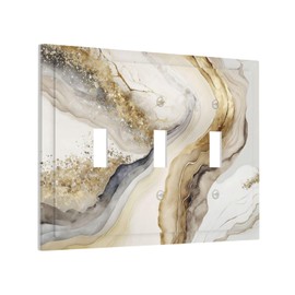 White Gold Marble 3 Gang Triple Toggle Decorative Light Switch Cover Electrical Wall Plates Receptacle Switchplate Faceplates for Bathroom Bedroom