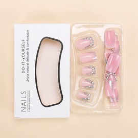 RUOKEXIN Short Square Press on Nails French Tip Fake Nails Pink False Nails with Rhinestones Designs Sparkly Glue on Nails Short Nail Press ons Handmade Artificial Nails Cute Stick on Nails for Women