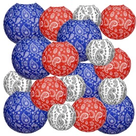 Baquler 18 Pcs Memorial Day Decorations Paper Lanterns Paisley Patriotic 4th of July Hanging Paper Lanterns 250th Anniversary 6'' 8'' 10'' Red White and Blue Decorations for Cowboy Themed Party Decor