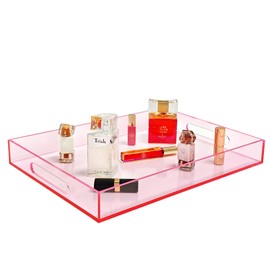 SetGame Pink Acrylic Serving Tray with Handles, Pink Decorative Storage Arylic Tray, Simple Large Serving Tray Food Tea Fruit Dinner Snack Tray for Bar Kitchen Party, Bathroom Tray, 16X12 Inch