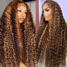Leruikair 13X4 Lace Frontal Wig Highlight P4/27 Deep Wave Wave Wigs Human Hair 200% Density Real Weave Wigs Human Hair Pre Plucked For Black Women