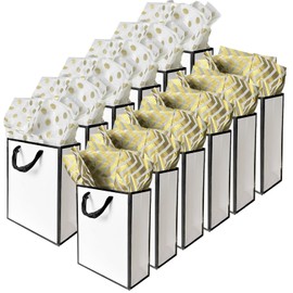 AMROSE 12 Pack Small Gift Bags with Tissue Paper, Recyclable 8.7'' Paper Gift Bag Bulks for Birthdays, Party, Mother's Day, Wedding and More, Small Size 6.3” x3” x8.7”, White