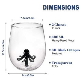 Hand-Blown 3D Black Octopus Stemless Wine Glasses Set of 2, 14oz Unique Fun Octopus Decor Drinking Cups with Gift Box, Mothers Day Gifts, Nautical Themed Wine Glass for Birthday Wedding Party