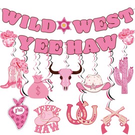 11 PCS Pink Cowgirl Party Decorations Wild West Party Decorations with Wild West Yee Haw Banner Hanging for Girls Birthday Western Rodeo Theme Decorations
