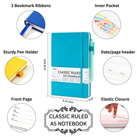 feela Notebooks Journals Bulk, Hardcover Notebook Classic Ruled Journal Set with Pen Holder for School Business Work Travel Writing, with 12 Black Pens, 120 GSM, 5.1”x8.3”, 12 Pack, A5, Solid Colors