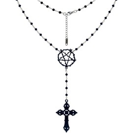 TAMAWire Layered Necklace with Zinc Alloy and Bead, Gothic Necklace, Layered Beads Necklace for Women, Black Bead Necklace, Goth Jewelry (Cross with Pentagram)
