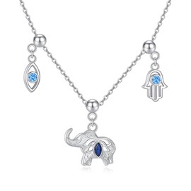 HUKKUN Elephant Necklace Sterling Silver Elephant Charm Necklace Hamsa Hand Charm Evil Eye Jewellery Gifts for Women