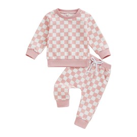 FOCUSNORM Toddler Baby Girl Fall Outfits Long Sleeve Checkerboard Print Tops Drawstring Pants Cute Litter Girl Winter Clothes (Pink, 12-18 Months)