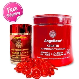 AngeRose Hair Care Set: Collagen & Keratin Hair Mask, Vitamin Hair Serum - Enriched with Argan and Jojoba Oils, Vitamins A, E, & B5, Featuring AngeRose Signature Scent for Deep Repair & Hydration of Dry, Damaged Hair - Specification: Keratin Hair Mask(50