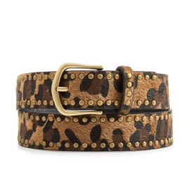 EONTISO Faux Leather Leopard Belt Fashion Gold Buckle Cheetah Print Belts for Women, Brass Studded Brown M