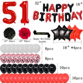 yujiaonly 51st Birthday Party Decorations-Happy Birthday Foil Ballons Banner Red Number 51 Happy birthday Sash Latex Balloons Perfect for 51 Years Old Party Supplies Balloons Number 51 Red