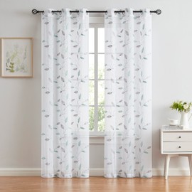 Bujasso Gray and Teal Leaf Sheer Curtains 84 inch Embroidered Floral Farmhouse Light Filtering Window Panels Silver Metallic Botanical Sheer Drapes for Living Room Bedroom Grommet Top 38" Wx84 Lx2