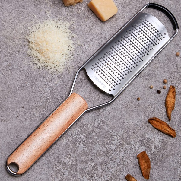 Stainless Steel Cheese Grater with Natural Wooden Handle for Parmesan Cheese, Lemon, Ginger, Cheese, Nutmeg, Potato, Chocolate and Garlic