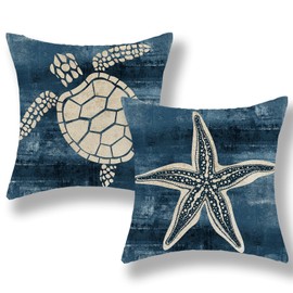Coastal Pillow Covers 18x18 Pack of 2 Ocean Themed Navy Blue Beige Starfish Sea Turtle Throw Pillow Cover Outdoor,Summer Beach Nautical Decor Pillowcase Decorative Cushion Case for Sofa Couch