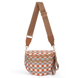 Crossbody Bags for Women, Spacious Nylon Belt Purse Fanny Packs, Crescent Oversized Checkered Bum Bag (Checkered - Brown Blue)