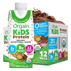 Orgain Organic Kids Protein Nutritional Shake, Chocolate - 8g of Protein, 22 Vitamins & Minerals, Fruits & Vegetables, Gluten Free, Soy Free, Non-GMO, 8.25 Fl Oz (Pack of 12)