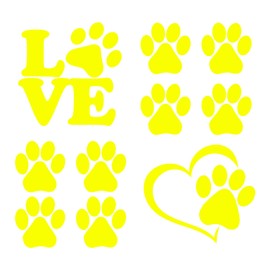 Paws Dog Paws Heart Love Paws Stickers Pack 10 Pieces for Car or Motorbike, Bike or Scooter (Yellow)