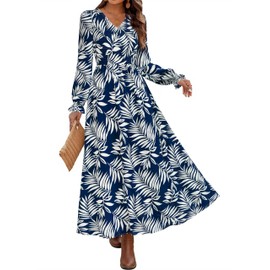MASCOMODA Womens 2025 Fall Long Sleeve Floral Maxi Dress Casual Smocked V Neck Boho A Line Flowy Long Wedding Guest Dresses(Floral Navy,Small)