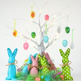 Easter Tree Decorations Lighted Birch Tree with Easter Egg Ornament Felt Bunny Hanging Ornaments Tinsel Garland for Holiday Spring Party Home Tabletop Decor (Easter Egg, 18 Pcs)