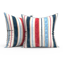 Melody Elephant Outdoor Throw Pillow Covers Pack of 2, Decorative Water Repellent Square Pillow Cases 18x18 Inch, Patio Pillowcases for Home Patio Furniture Use, Stripe Red Blue