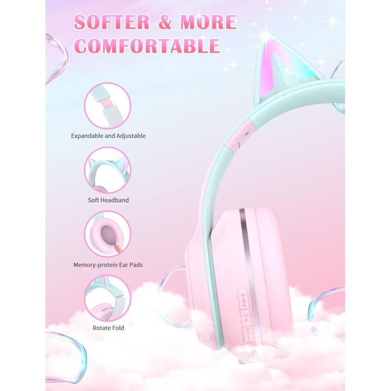 Bluetooth Kids Headphones,Cat Ear LED Light Up Kids Wireless Headphones,Bluetooth