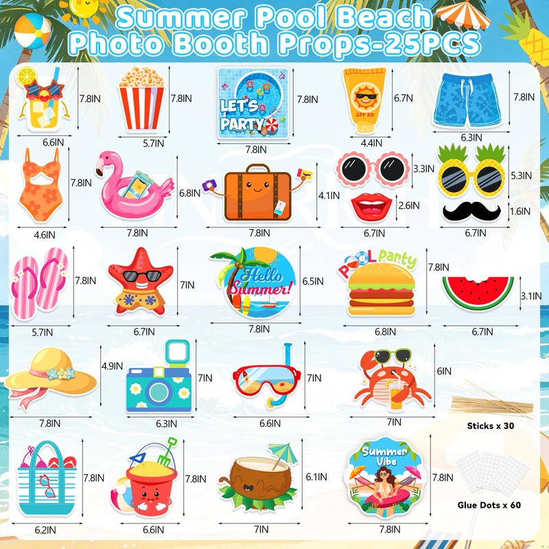 33PCS Summer Pool Beach Photo Booth Props, Summer Party Decorations
